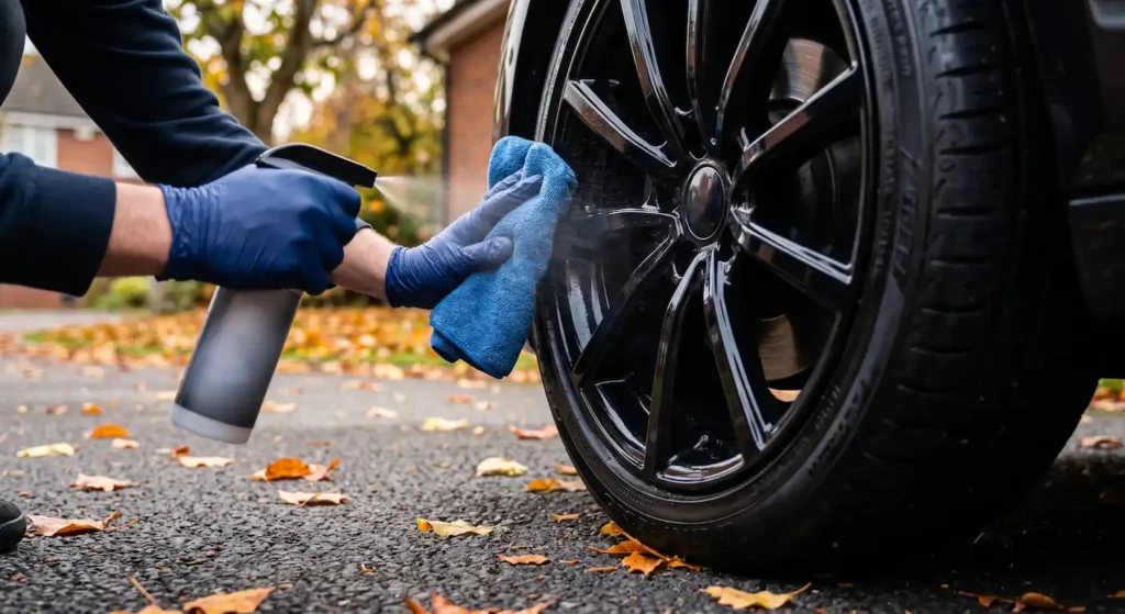 Winter Rim Protection: How GTA Drivers Beat Road Salt (2026 Guide) ❄️ 2 Winter wheel care: applying ceramic sealant to protect rims from salt